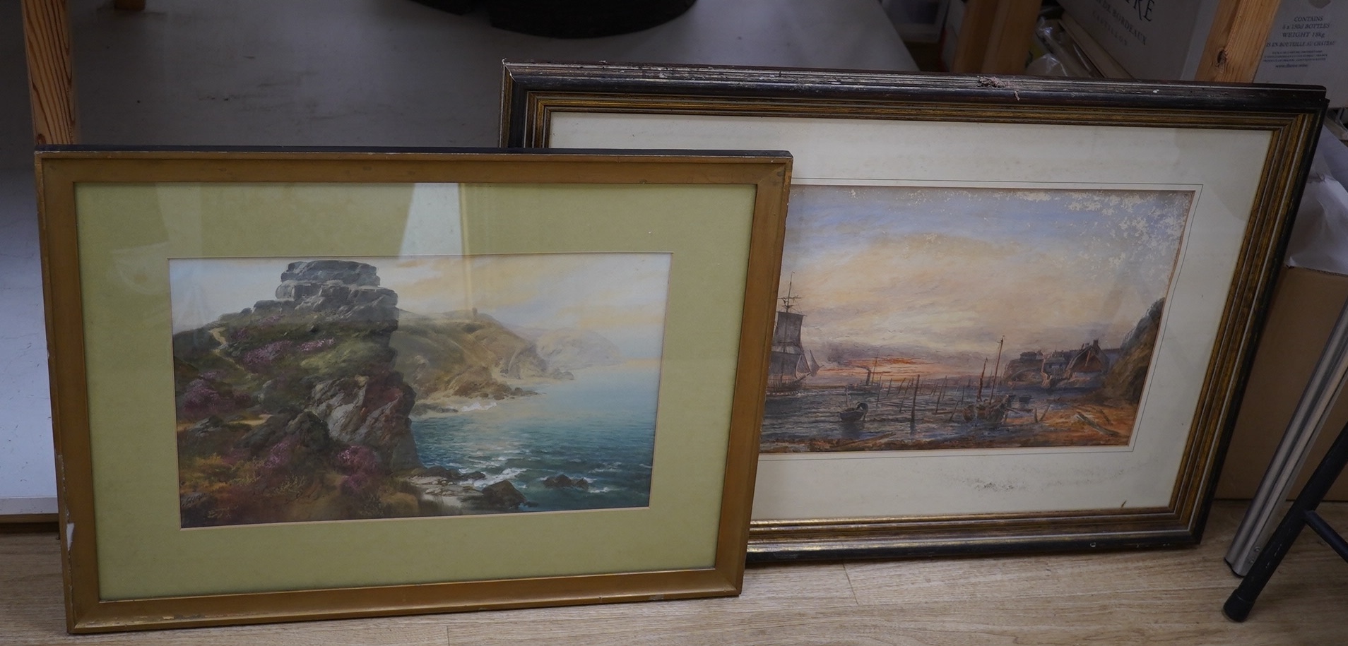 Two late 19th / early 20th century watercolours, comprising Harbour scene with figures and fishing boats and rocky coastal view, one indistinctly signed, largest 30 x 59cm. Condition - poor